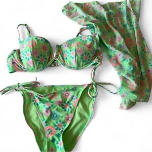 Green Floral Tie-Side Bikini Set with Matching Cover-Up